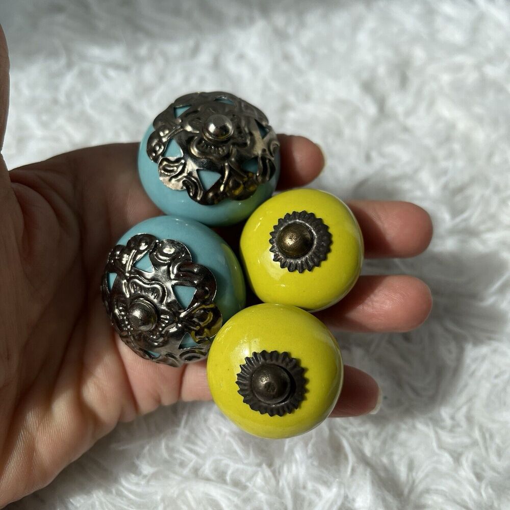 Set Of 4 Ceramic Cabinet Door Drawer Knobs, 2 in yellow-green and 2 in blue
